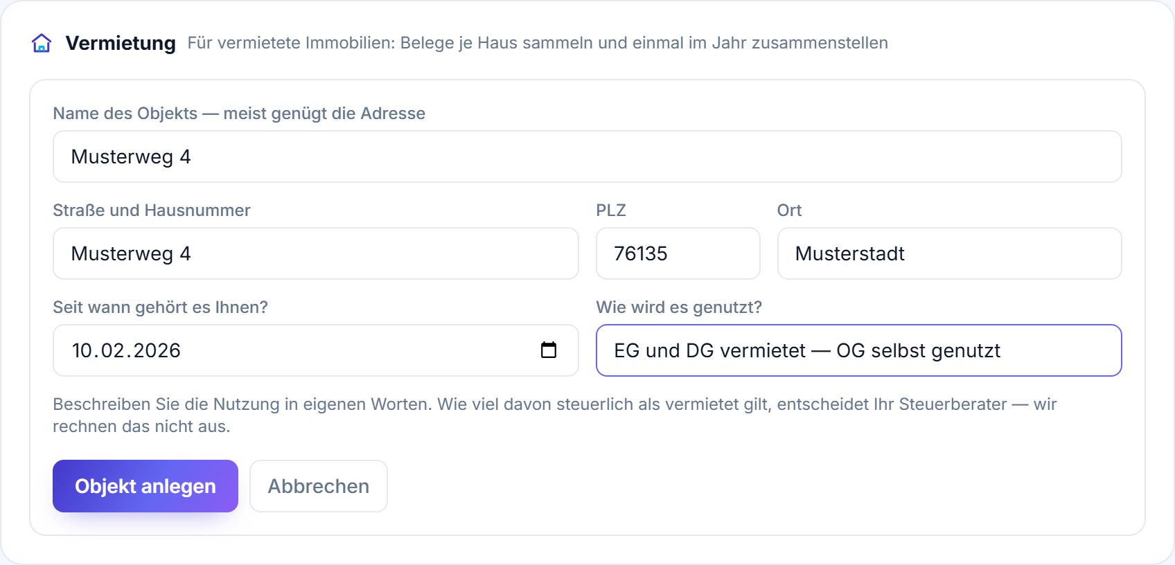 Objekt anlegen: Adresse, Kaufdatum, Nutzung als Klartext
